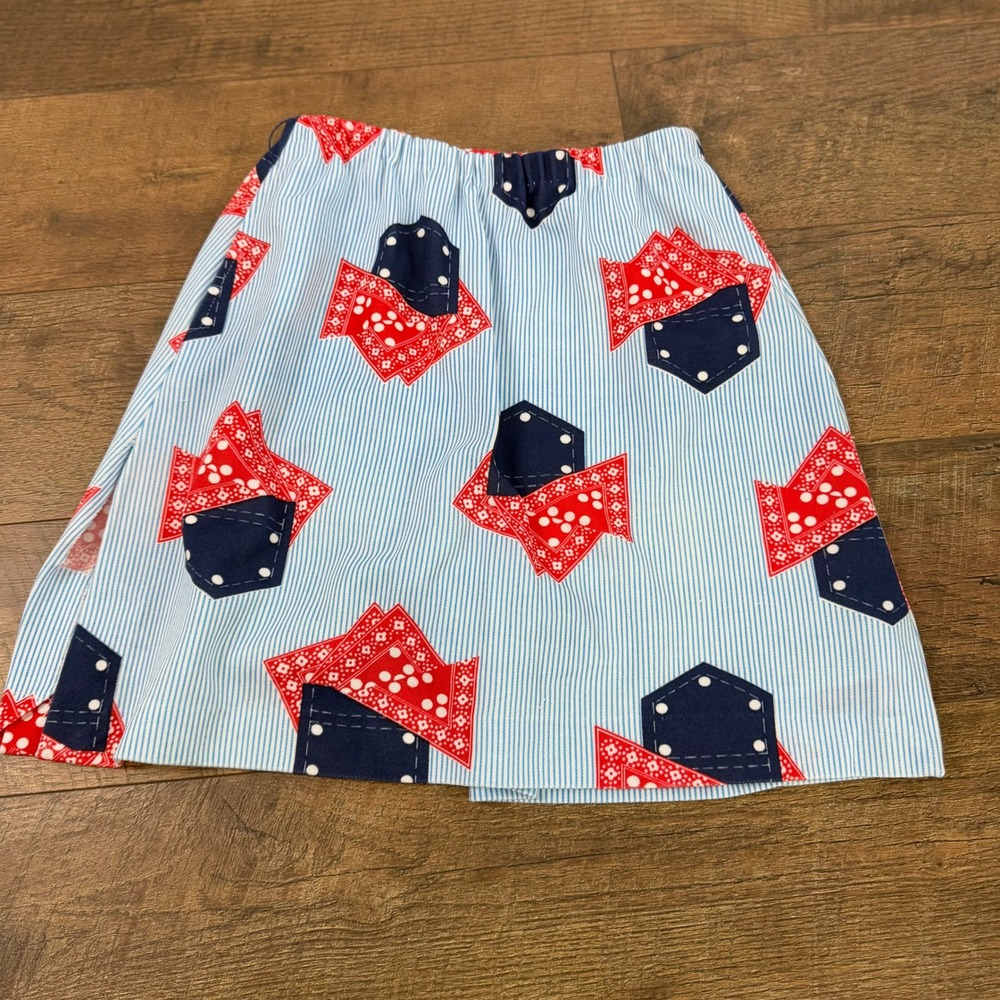 Vintage 70s Seersucker Pattern Skort Red Bandana White Blue Size 10